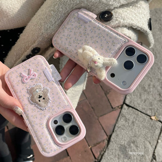 สไตล์ดอกไม้สีชมพูกระต่ายลูกสุนัขหนังเคสโทรศัพท์สําหรับ iPhone 17 16 15 14 13 Pro Max TPU กันกระแทกปกหลัง Shell