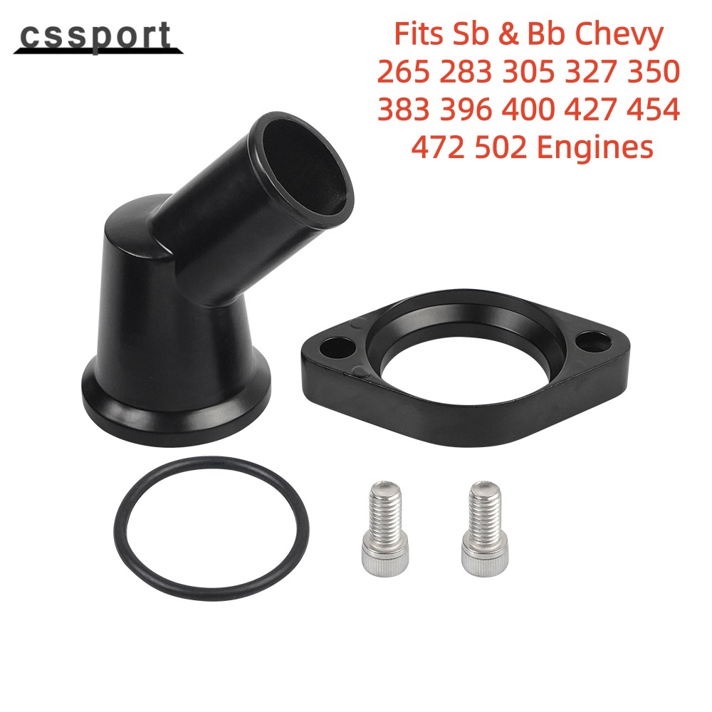 1 ชุด สีดํา Chevy Water Neck 45°อลูมิเนียมขัดเงาหมุนได้ Water Neck Thermostat Housing เข้ากันได้กับเครื่องยนต์ SBC BBC CHEVY 327 350 396 454