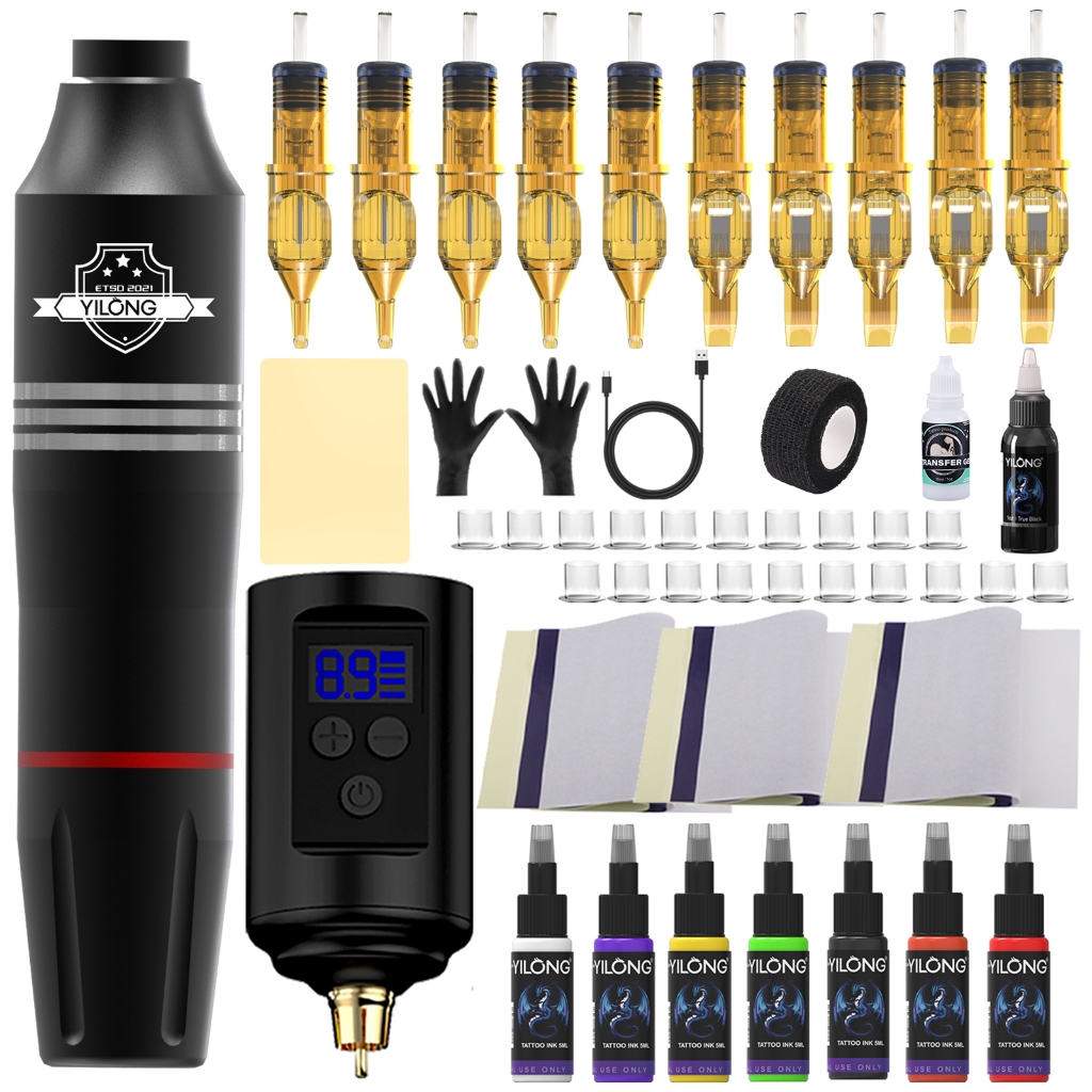 YILONG Professional Wireless Tattoo Starter Kit สําหรับผู้เริ่มต้น - 1200mAh Power Machine + 49 ชิ้น