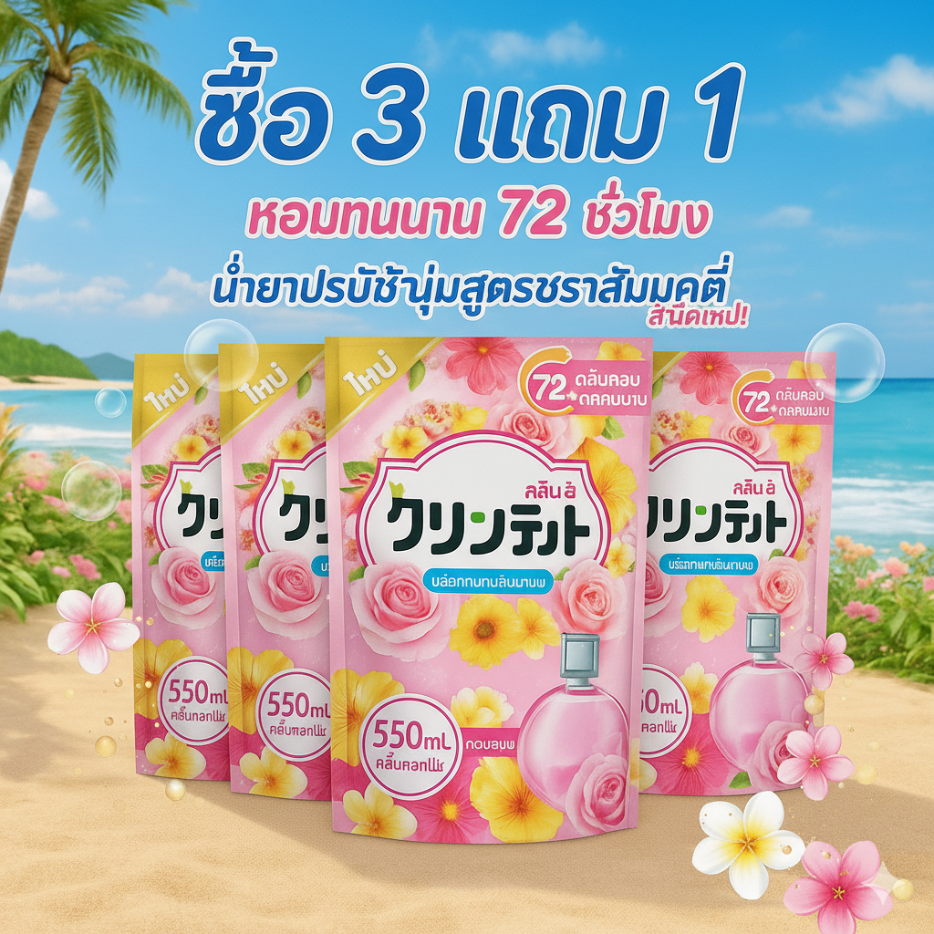 Kleenit น้ำยาปรับผ้านุ่ม กลิ่นกุหลาบ 550ml x4 หอมยาวนาน 72 ชม. อ่อนโยนต่อผิว