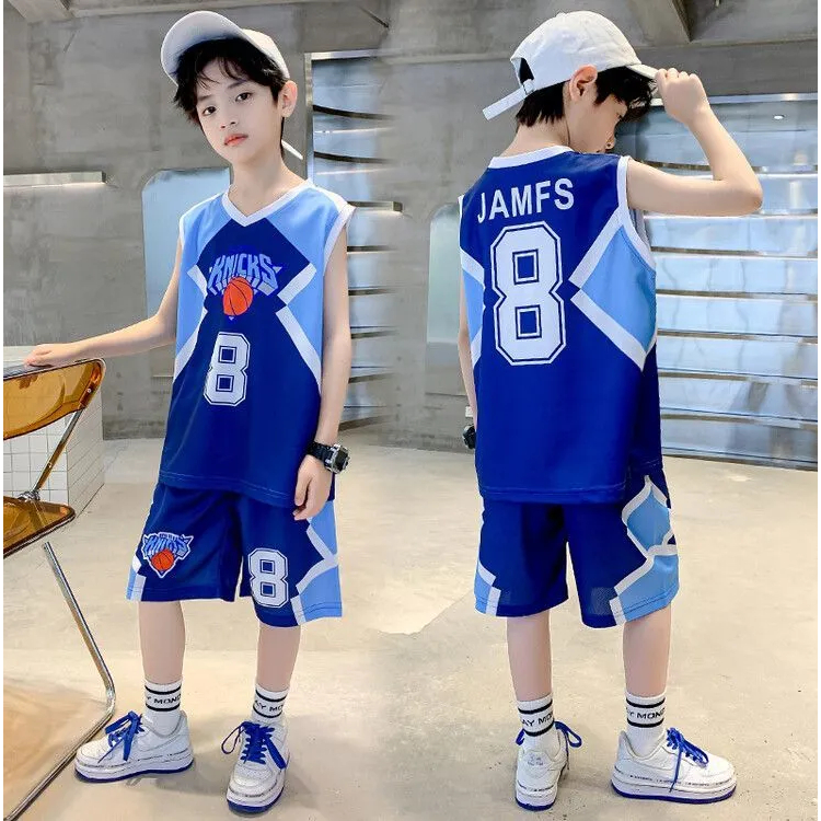 ชุดเสื้อกล้ามและกางเกงขาสั้นพิมพ์ลายสำหรับเด็กผู้ชายแบบสำเร็จรูป ชุดลำลองแฟชั่นฤดูร้อนทรงหลวมสไตล์สปอร์ต สองชิ้น