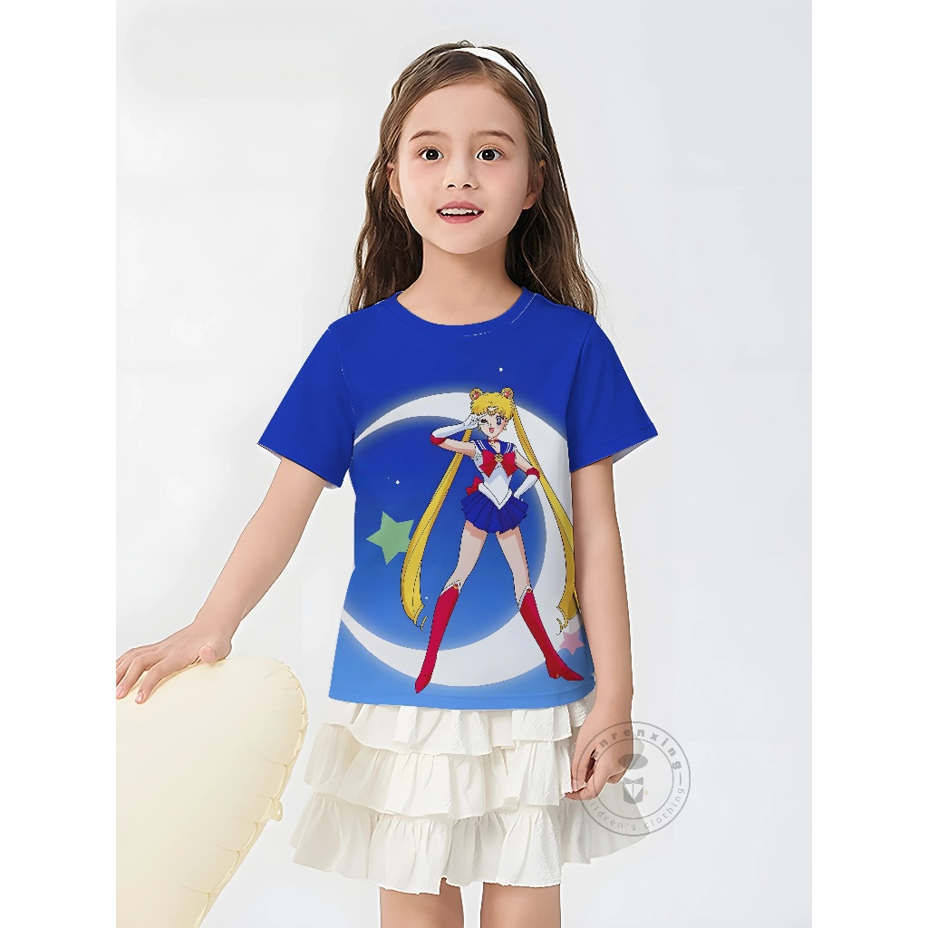 เซเลอร์มูน 3D พิมพ์สาวเสื้อยืดแขนสั้นรอบคอ Kawaii น่ารักฤดูร้อนสําหรับเด็ก 3-14 Yrs