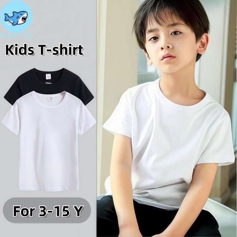 【BKK Delivery】เสื้อยืดเด็กผู้ชาย/ผู้หญิง สีดำ สีขาว ผ้าฝ้าย ระบายอากาศ ป้องกันการเป็นขุย ไม่หดตัว ใส่สบาย สำหรับอายุ 3-15 ปี