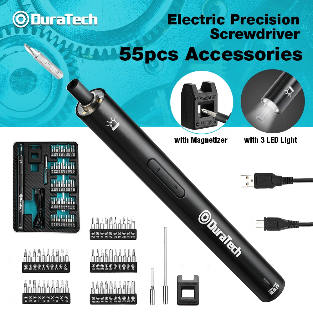 DURATECH ชุดไขควงความแม่นยําไฟฟ้า 55 ชิ้น 3.6V Li-ion Fast Charging ไฟ LED และบิตแม่เหล็ก USB แบบพกพาสําหรับโทรศัพท์คอมพิวเตอร์นาฬิกาชุดซ่อมอิเล็กทรอนิกส์
