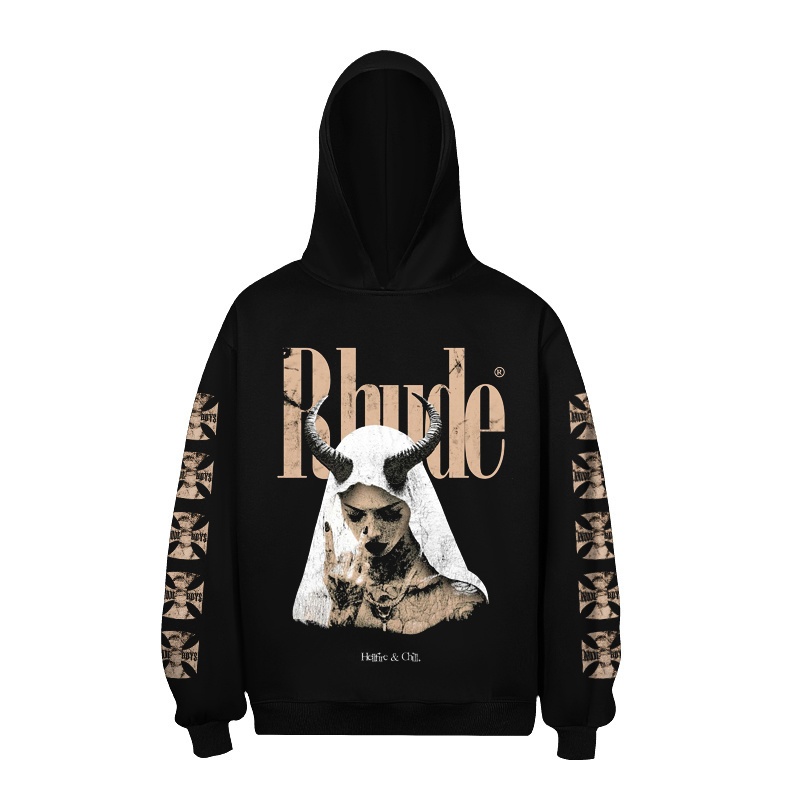Rhude Hoodie สำหรับผู้ชาย วัสดุ fleece สีดำ พิมพ์ลายเก๋ไก๋