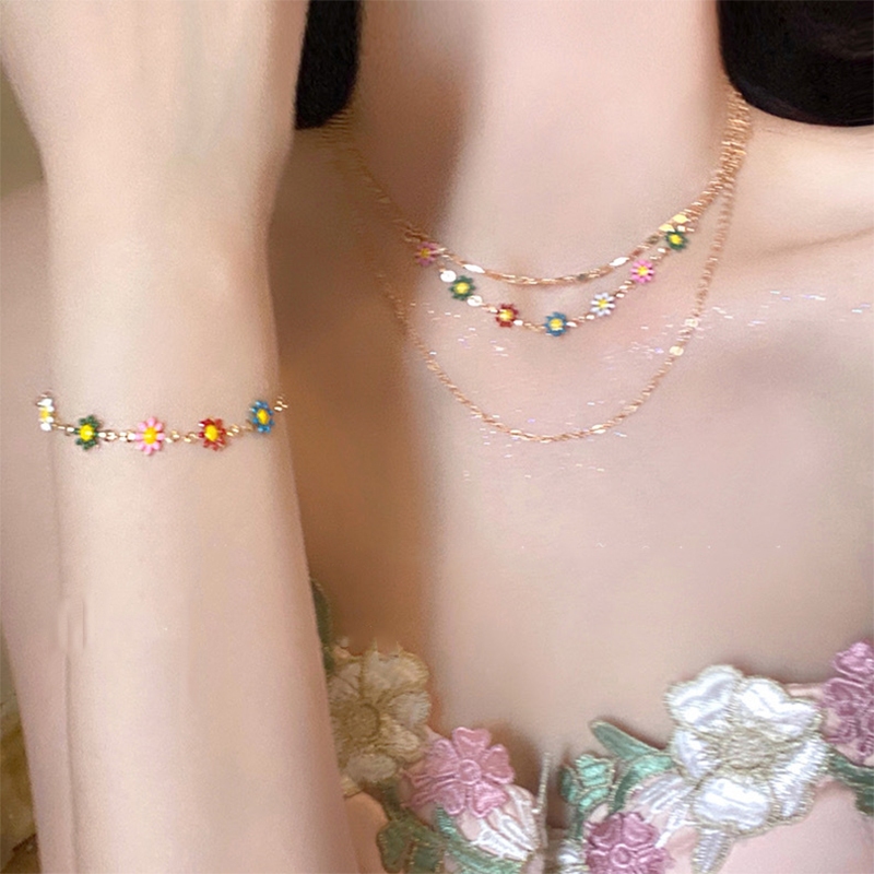 เกาหลี โดปามีน เดซี่ดอกไม้สร้อยคอหวานที่มีสีสันหลายชั้นออกแบบสร้อยคอผู้หญิงทุกวันของขวัญ
