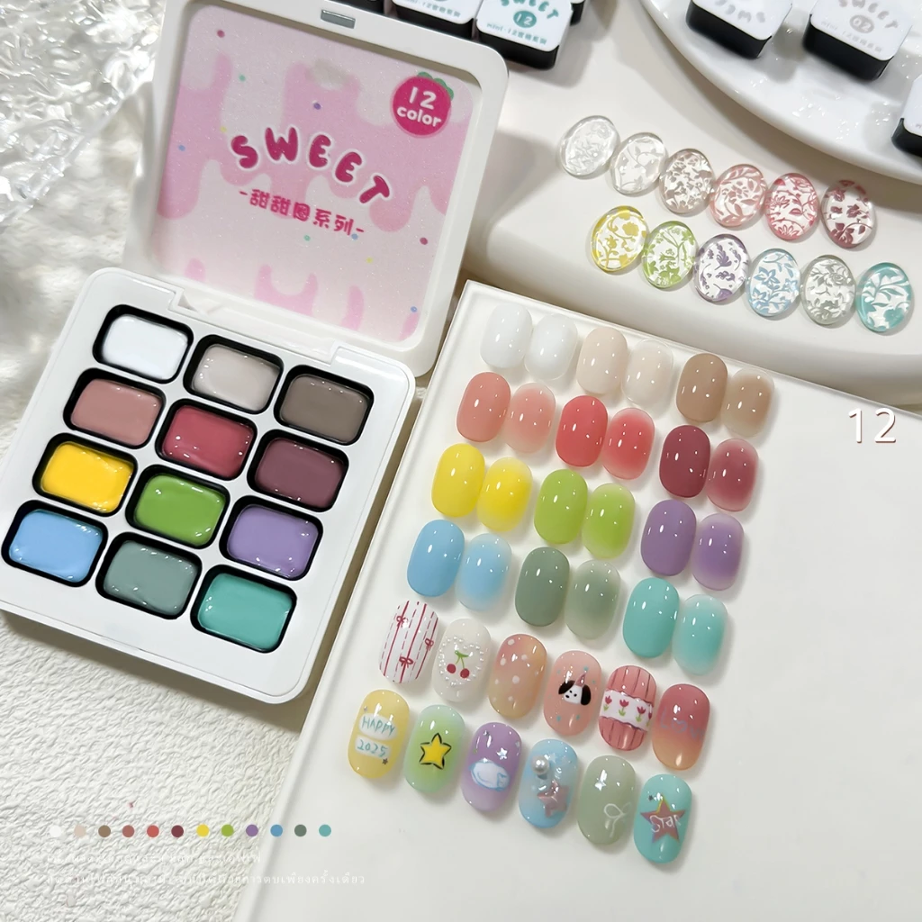 MORDDA - ชุดยาทาเล็บเจลสีชมพูพีช 12 สี สามารถแตะเบาๆ แล้วเกลี่ยให้กลบสีพื้นของเล็บได้