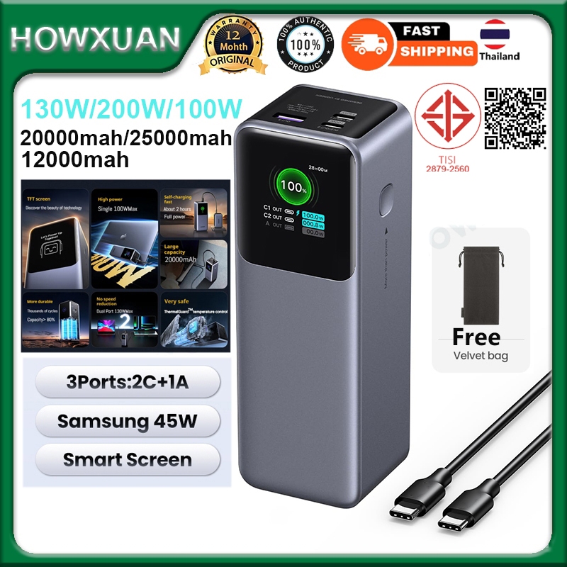 Howxuan By UGREEN 130W 20000mAh 200W 25000mAh 100W 12000mAh แล็ปท็อป Power Bank สมาร์ทดิจิตอลจอแสดงผลแบบพกพา Charger PD100W Fast Charging Power Adapter