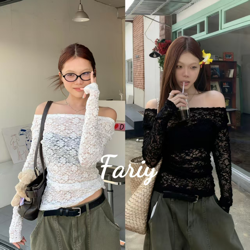 Fariy🍒คลังสินค้าพร้อม🍒 ชุดสาวฮอตเสื้อยืดแขนยาวลูกไม้เปิดไหล่สำหรับผู้หญิง ฤดูใบไม้ร่วง 2025 เสื้อคลุมเข้ารูป