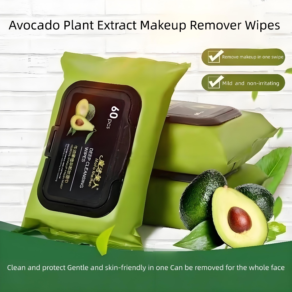 ผ้าเช็ดทําความสะอาดเครื่องสําอาง 60ชิ้น/แพ็คทําความสะอาดลึกผิวบอบบางเป็นมิตรชุ่มชื้นอ่อนอะโวคาโดสูตรอ่อนโยนทําความสะอาดแต่งหน้า น้ํายาล้าง ใบหน้าผ้าผ้าฝ้า