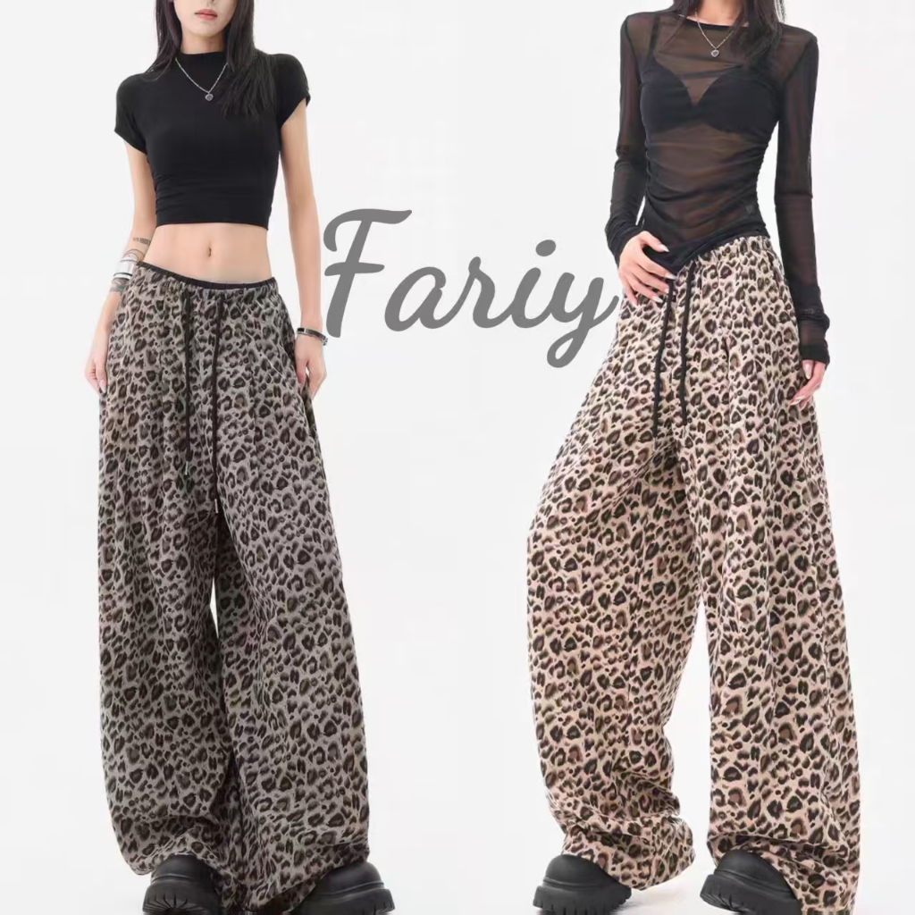 Fariy คลังสินค้าพร้อม กางเกงทรงหลวมเอวสูงขากว้างลายเสือดาวสำหรับผู้หญิง เหมาะสำหรับฤดูร้อนและฤดูใบไม้ร่วง