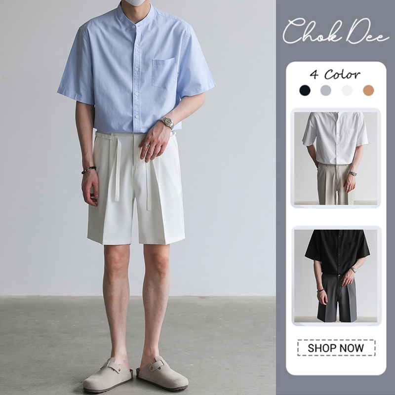 เสื้อเชิ้ตแขนสั้นผู้ชาย สีทึบ ปกแมนดาริน สไตล์ลำลอง ใส่ได้ทุกวัน