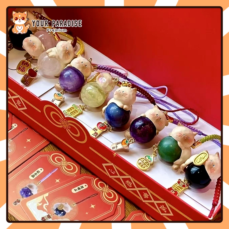 แมวสยามพลอยธรรมชาติจี้พวงกุญแจชุดกล่องตาบอดรูปของเล่นกระเป๋าเป้สะพายหลังตกแต่ง ของผู้หญิง หัวใจของขวัญวันเกิด