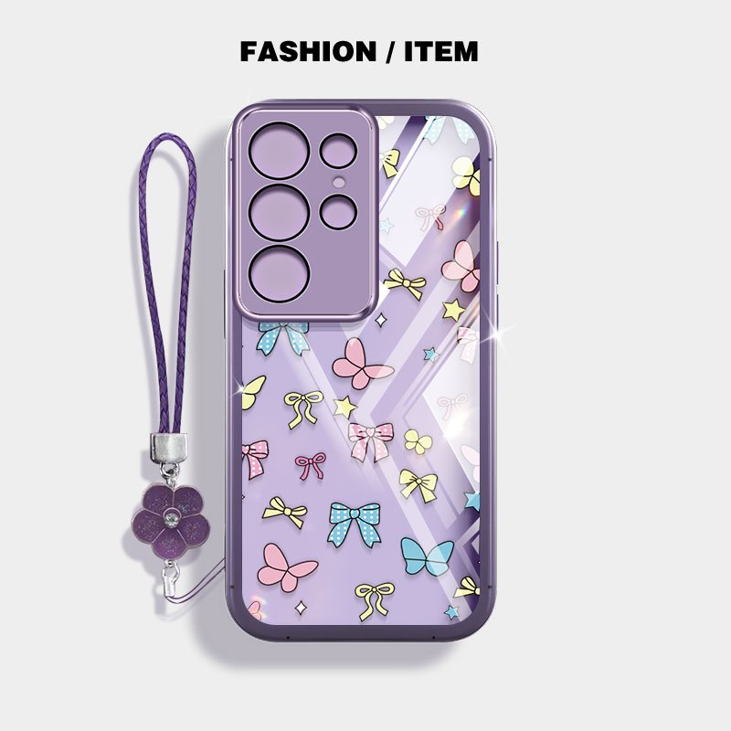 VRQR สําหรับ Samsung Galaxy S24 S25 S26 Plus S24 S25 S26 Ultra S24 S25 FE S24 + S25 + S26 + Little Butterfly Clear กันกระแทกโทรศัพท์กรณีเชือกดอกไม้