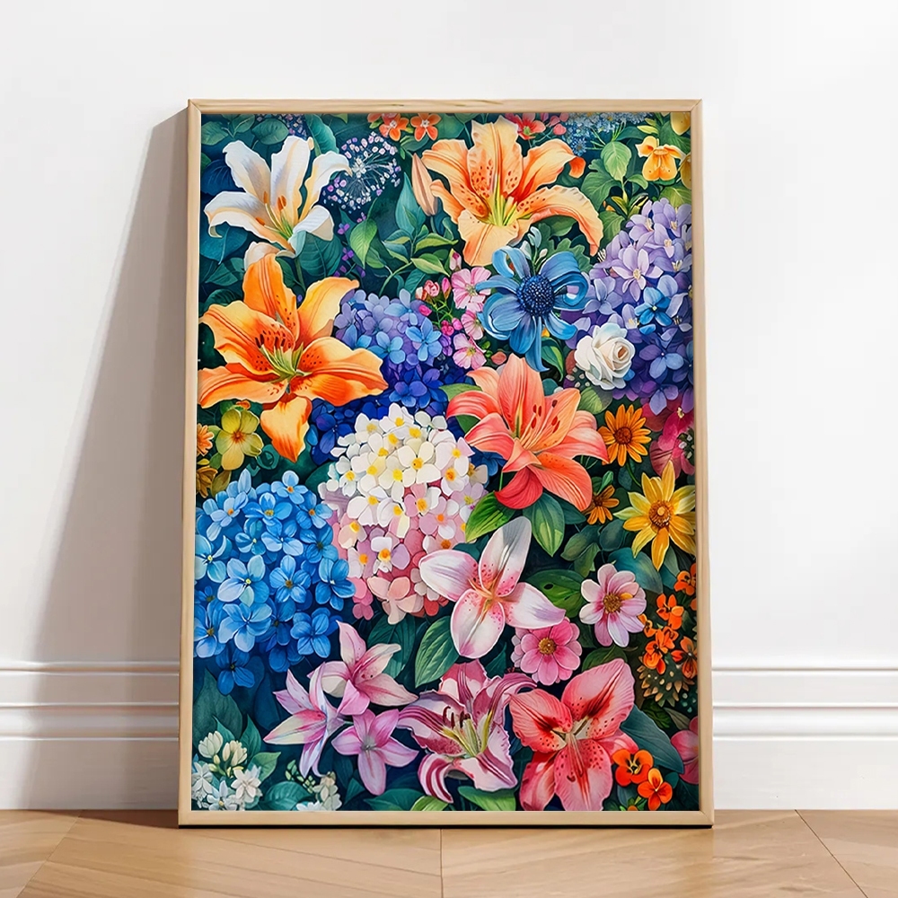 ชุดระบายสีภาพวาดดิจิตอล 30x40 ซม.พร้อมกรอบ ประกอบด้วยภาพดอกไม้หลากหลายชนิด ไฮเดรนเยียและดอกทานตะวัน เพอร์เฟクトเป็นของขวัญสำหรับตกแต่งบ้าน