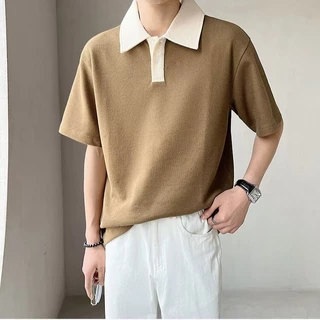 เสื้อแขนสั้นผู้ชายสไตล์มินิมอล คอกระพายยกลง สวมใส่ง่ายทุกวัน