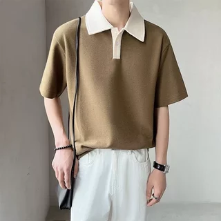 เสื้อแขนสั้นผู้ชายสไตล์มินิมอล คอกระพายยกลง สวมใส่ง่ายทุกวัน