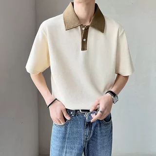 เสื้อแขนสั้นผู้ชายสไตล์มินิมอล คอกระพายยกลง สวมใส่ง่ายทุกวัน