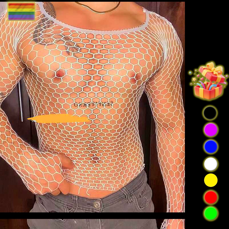 พลัสไซส์เสื้อกั๊กชาย ทรงซีทรู คอกลม แขนยาว มีลายพรางและตาข่าย