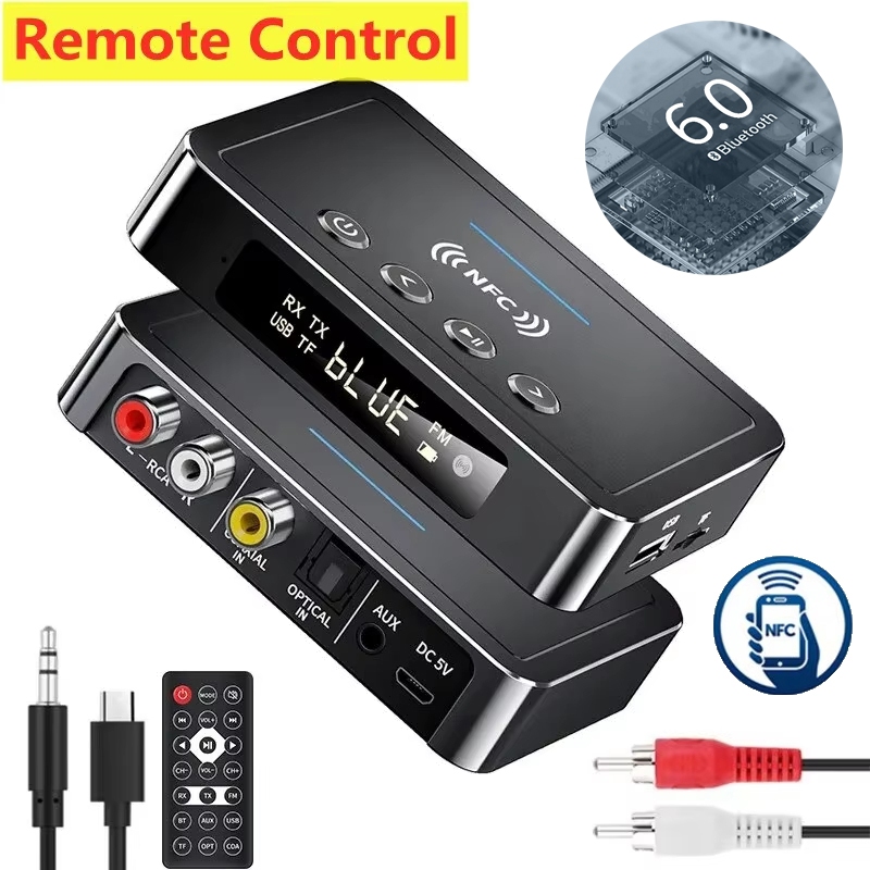 บลูทูธ 6.0 ตัวรับสัญญาณเครื่องส่งสัญญาณ เอฟเอ็ม สเตอริโอ ถึง 3.5 มม.แจ็ค อาร์ซีเอ ออปติคอลแฮนด์ฟรีโทร เอ็นเอฟซี อะแดปเตอร์เสียงไร้สายทีวีลําโพงร