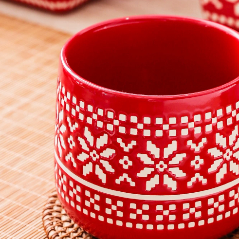 HongDian เซ็ตจานชามเซรามิก ceramic porcelain tableware set สีแดงลายดอกไม้ underglaze ปลอดภัยต่ออาหาร ทนความร้อน สีไม่ซีดจาง ใช้กับ microwave oven dishwasher sterilizer ได้ ทำความสะอาดง่าย มีทั้งชาม bowl จาน plate และแก้ว cup mug ของขวัญวันคริสต์มาส - รูปที่ 6