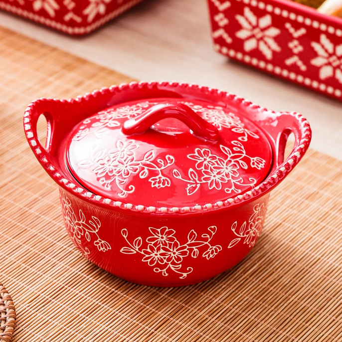 HongDian เซ็ตจานชามเซรามิก ceramic porcelain tableware set สีแดงลายดอกไม้ underglaze ปลอดภัยต่ออาหาร ทนความร้อน สีไม่ซีดจาง ใช้กับ microwave oven dishwasher sterilizer ได้ ทำความสะอาดง่าย มีทั้งชาม bowl จาน plate และแก้ว cup mug ของขวัญวันคริสต์มาส - รูปที่ 5