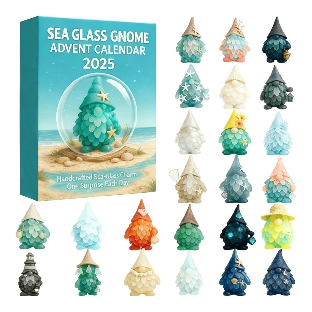 2D แบน Gnome ตกแต่งการนับถอยหลังวันหยุด 24 วันแห่งเทศกาล Sea Glass Gnome Surprises เทศกาลบ้าน Ambiti
