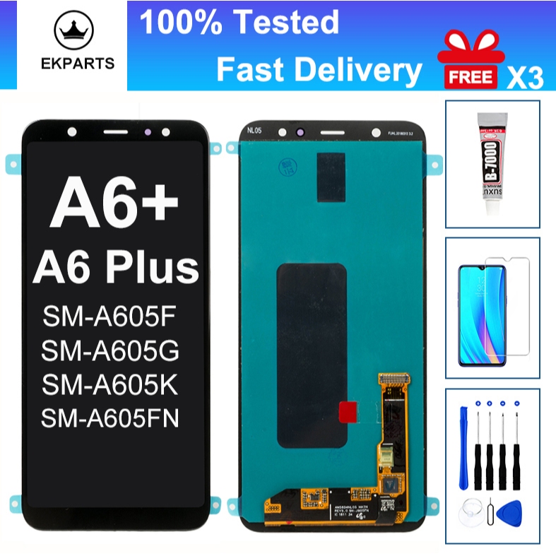 ทดสอบ 100% จอแสดงผล LCD สําหรับ Samsung Galaxy A6 Plus A6+ 2018 A605 SM-A605F A605G Touch Screen Dig