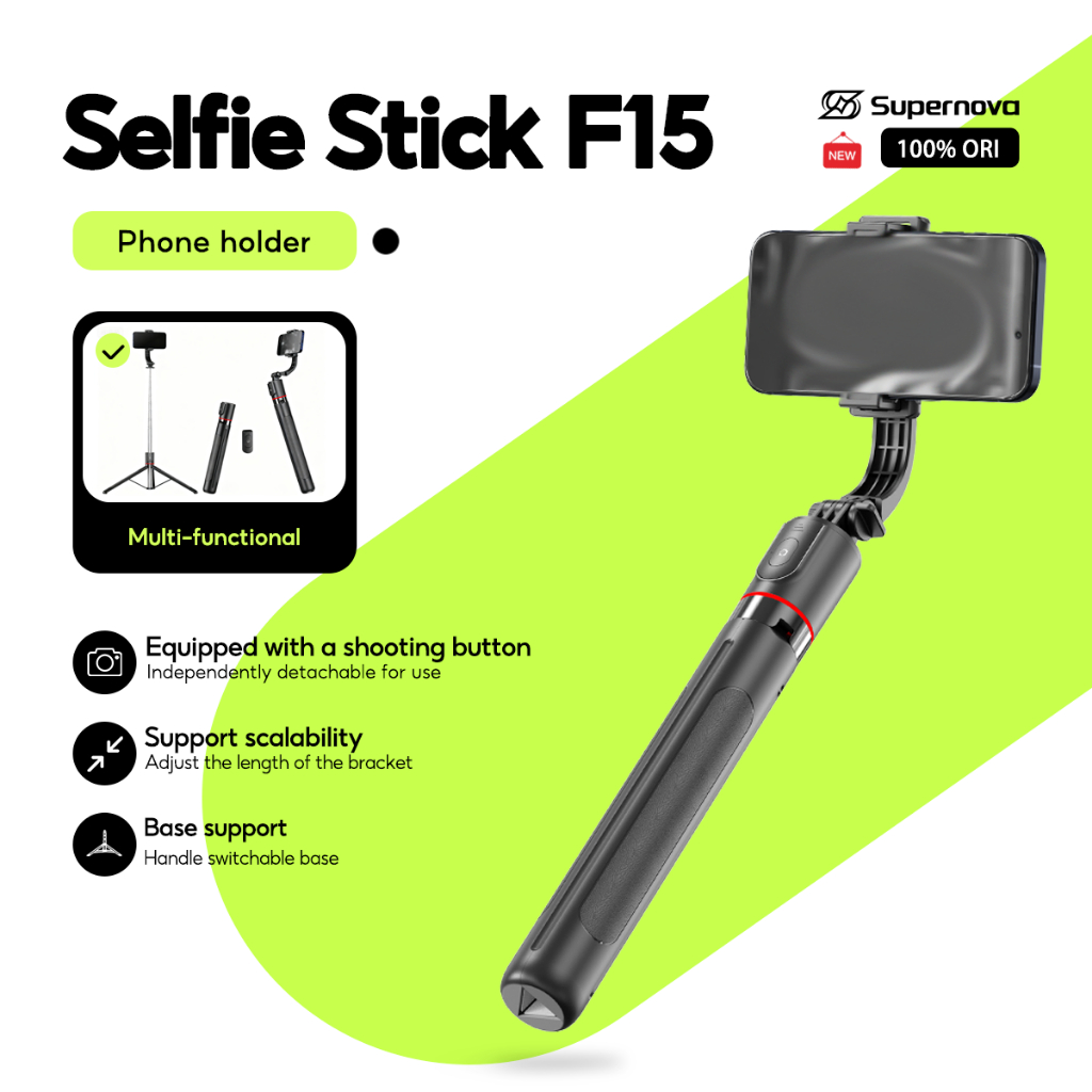 Supernova F15 Selfie Stick ขาตั้งกล้องขยายเสาไร้สายบลูทูธผู้ถือโทรศัพท์สําหรับสมาร์ทโฟนการถ่ายภาพ Vlog บันทึกวิดีโอ
