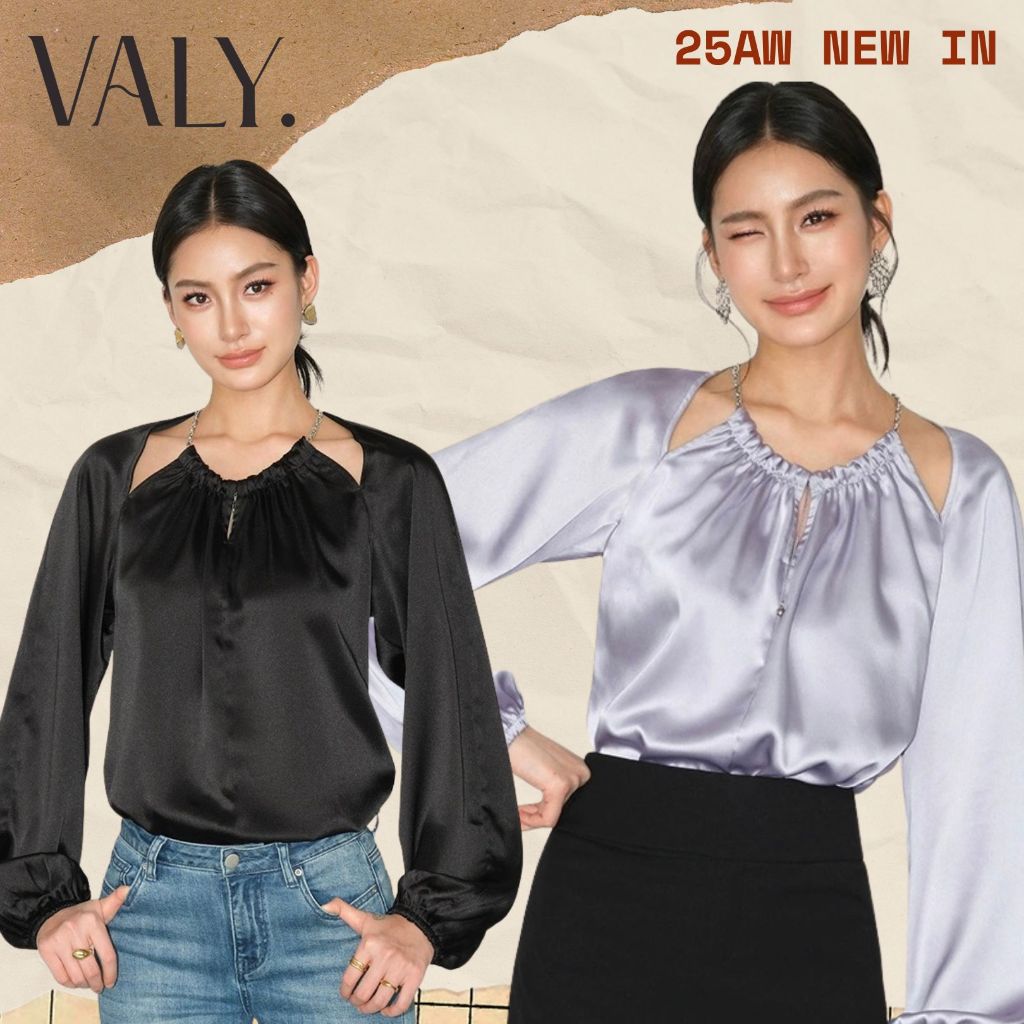 [VALY.]High-End ซาตินเสื้อผู้หญิง Hollow Halter คอออกแบบ Niche สไตล์ฝรั่งเศสแขนยาว Office Work Commuter