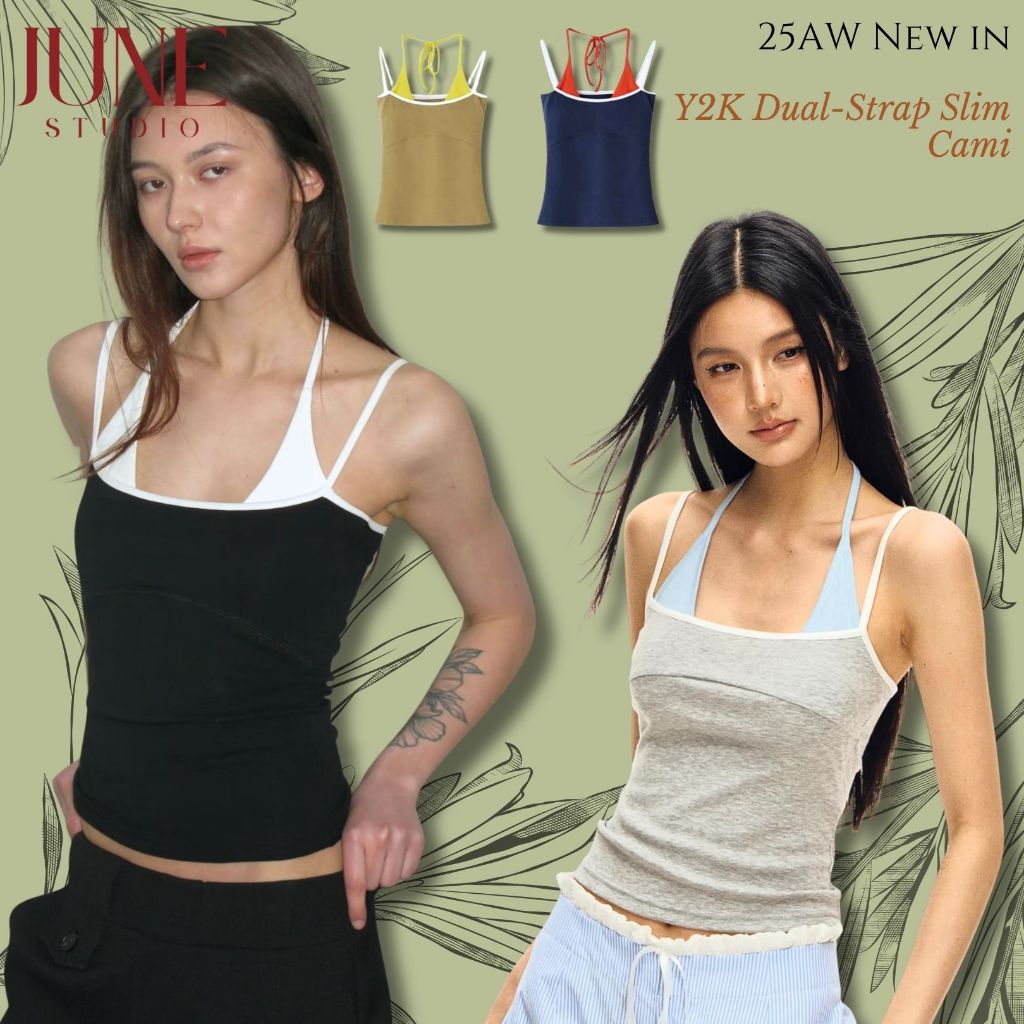 [June Studio] Tank Top สไตล์ใหม่สำหรับฤดูร้อน ดีไซน์สายเดี่ยว halterneck แบบกระชับร่างกาย พร้อมแผ่นรองหน้าอกในตัว