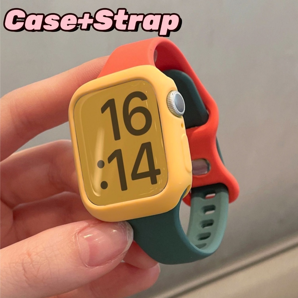 เคสซิลิโคนตัดกันทูโทน + สายรัดเหมาะสําหรับ Apple Watch Series 11 10 9 8 7 6 5 4 3 46 44 40 45 41 42 38 มม.