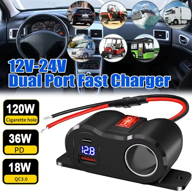 QC3.0 PD Car Fast Charger 120W Double Hole ไฟแช็กซ็อกเก็ตโวลต์มิเตอร์ USB 3.1A 12 V/24 V ที่ชาร์จแบตในรถสําหรับรถยนต์ RV Marine เรือ