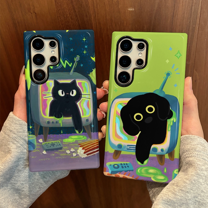 เคสป้องกันสองในหนึ่งเดียวลายสัตว์น่ารักสีดําเหมาะสําหรับ Samsung su22u s23 plus s23FE s24 s25 plus A