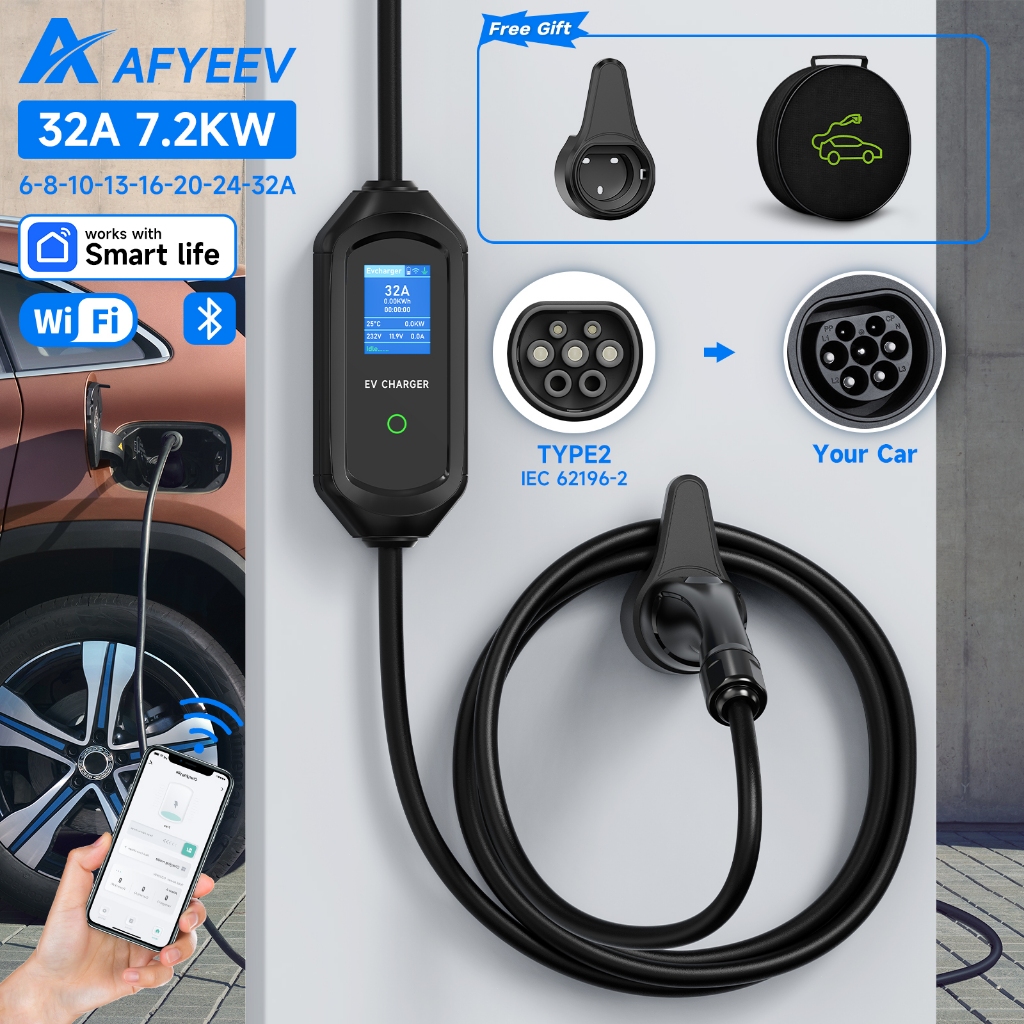 【จัดส่งในประเทศ】AFYEEV 32A 7.2KW แบบพกพา EV Charger Type2 IEC 62196-2 เครื่องชาร์จรถยนต์ไฟฟ้า EVSE สายชาร์จ Wi-Fi บลูทูธ APP ควบคุม ราคา ถูกที่สุด ดีลบีเคเค