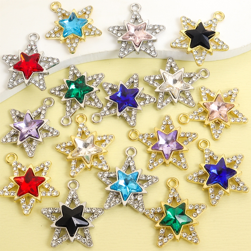 จี้ดาวห้าแฉกโปร่งใสตกแต่งRhineStone พร้อมสายคล้องคอ สร้อยข้อมือ และเข็มกลัด 8 สี 10 ชิ้น ใช้ได้ในงานDIYและเป็นเครื่องประดับหลากหลายแบบ