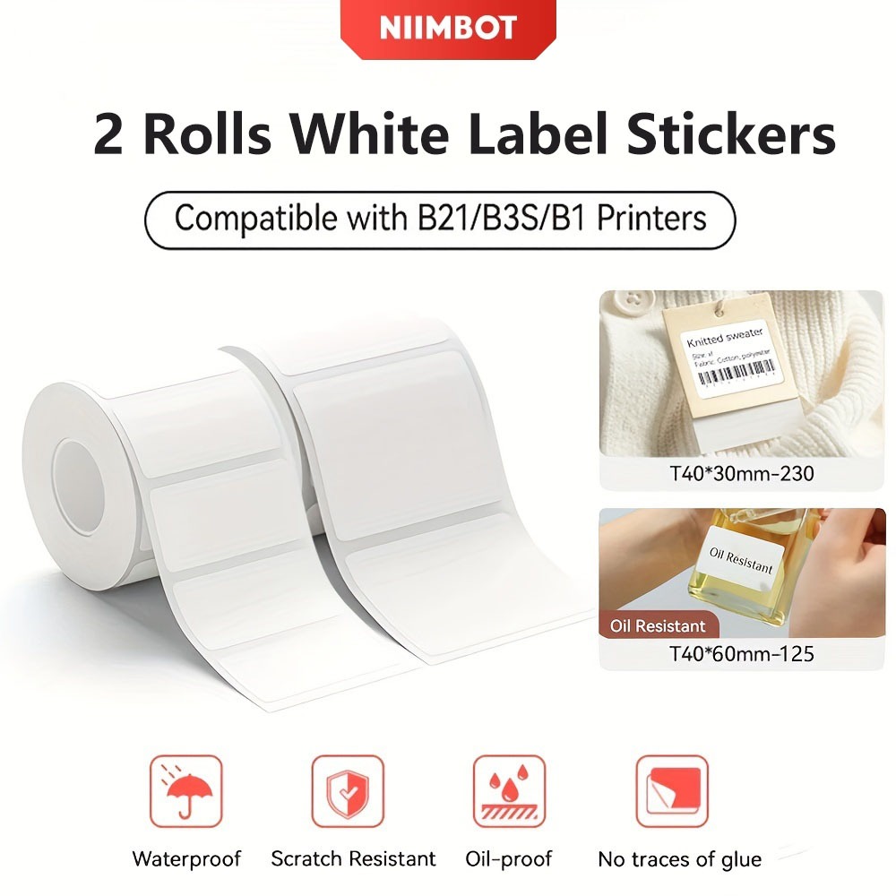 กระดาษฉลาก Niimbot B1/B21/B21Pro/B3S1, ฉลากสติ๊กเกอร์ความร้อน, กันน้ํา, กันน้ํามันและกันน้ําตาฉลาก NIIMBOT, ฉลากความร้อนแบบมีกาวในตัวสีขาว