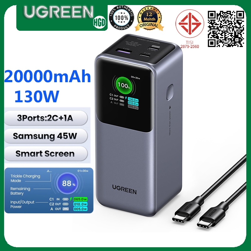Ugreen แล็ปท็อป Power Bank 130W 20000mAh เครื่องชาร์จแบบพกพาพร้อมจอแสดงผลดิจิตอลอัจฉริยะชาร์จเร็ว Powerbank