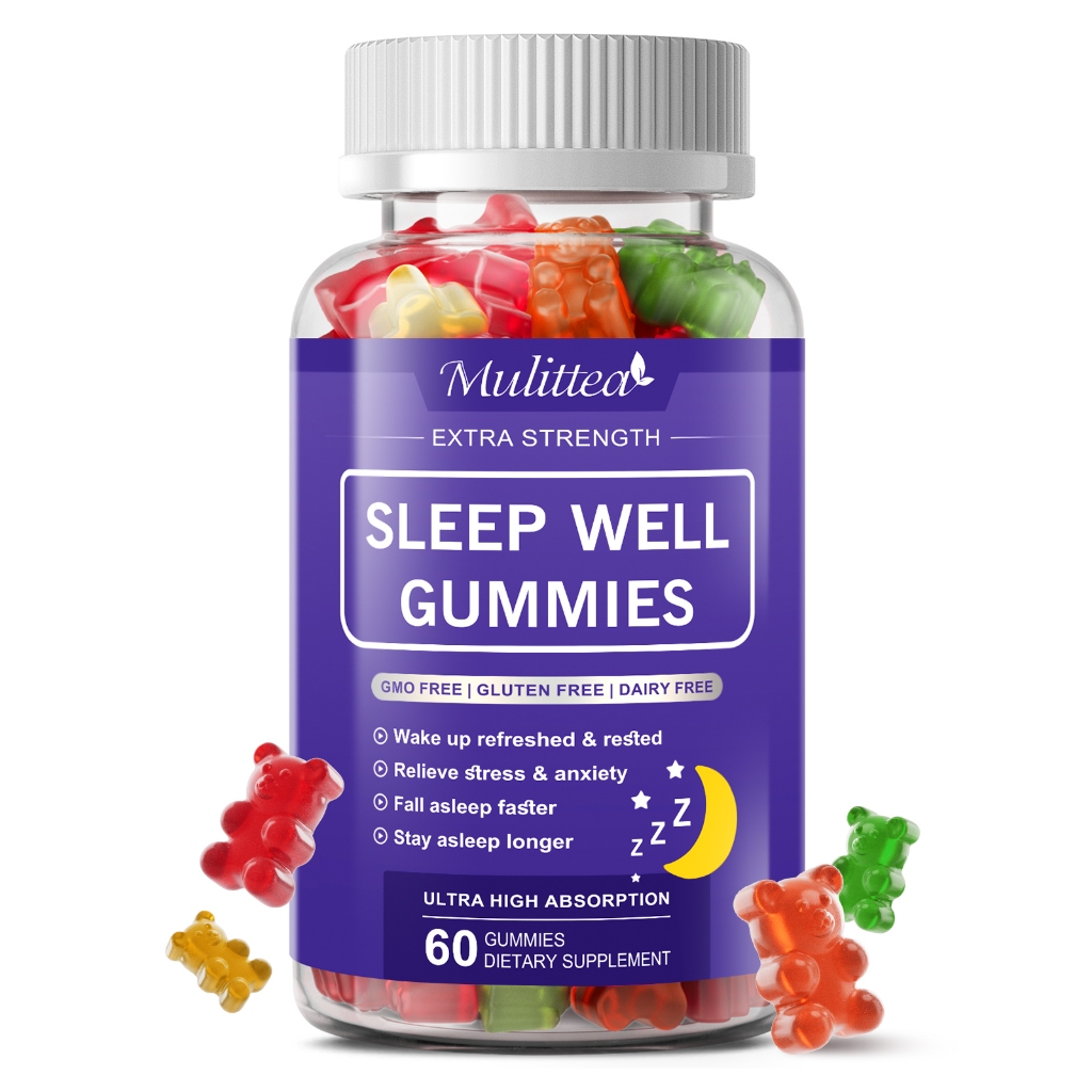 Mulittea Sleep Well Gummies 60 ชิ้น Gummies รองรับการนอนหลับที่ดี, ช่วยลดความเครียด, ปลอบประโลม