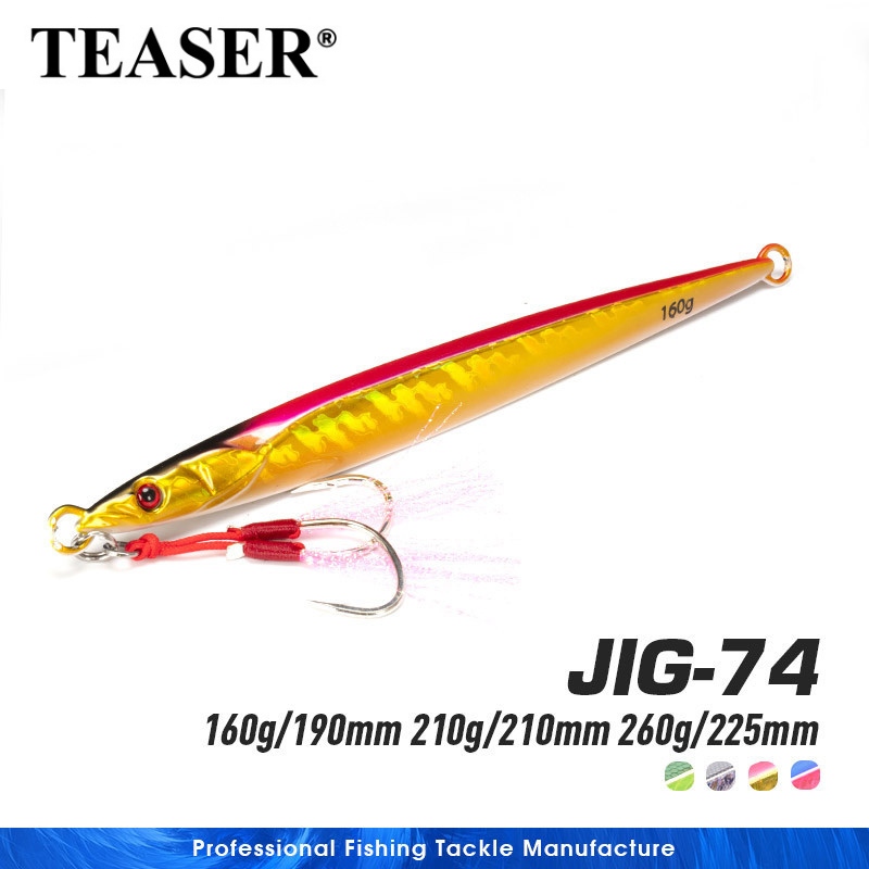 TEASER【J74】160g 210g 260g Luminous Slow Jigging Lure ขนาดใหญ่แนวตั้ง Sinking Fishing Lure 3D ตา Fast Fall เลเซอร์โลหะ Jigs ตกปลาทะเล Hard เหยื่อ Assist Hook