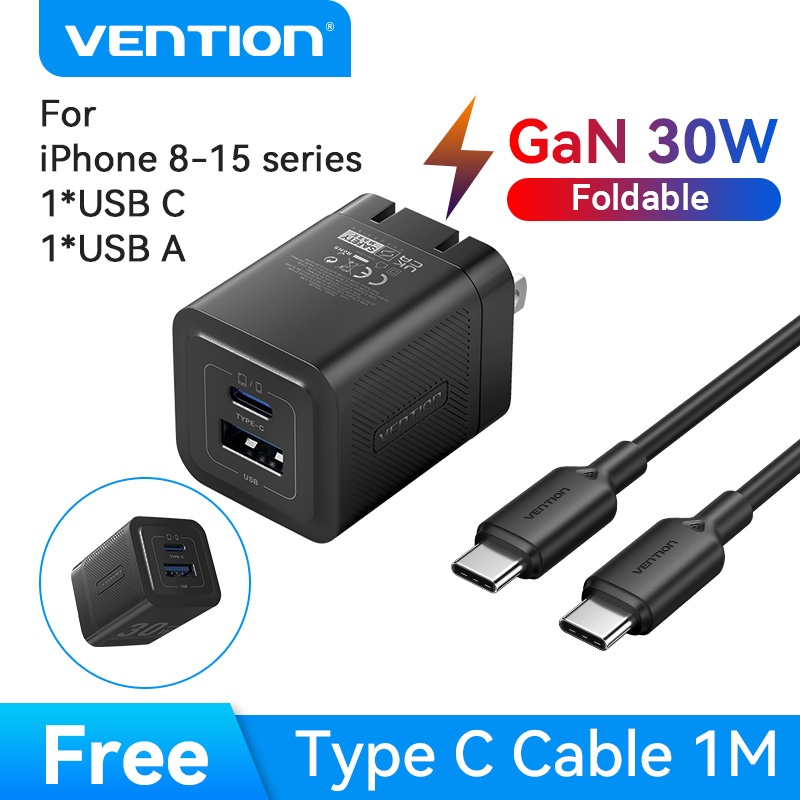 Vention 30W GaN Charger USB C Charger PD + USB 2 พอร์ตอะแดปเตอร์ชาร์จพร้อม QC4.0 typec Fast Charger 