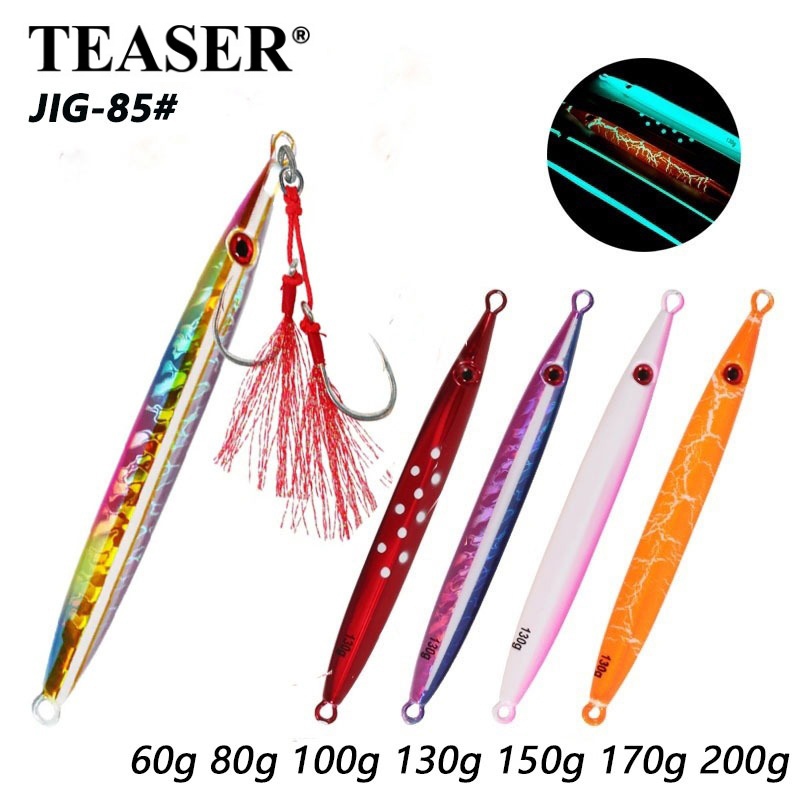 TEASER【J85】60g 80g 100g 130g 150g 170g 200g ความเร็ว Falling Fast Sinking แนวตั้ง Jigs Luminous Hard โลหะหล่อ Jigging Lure Assist Hooks
