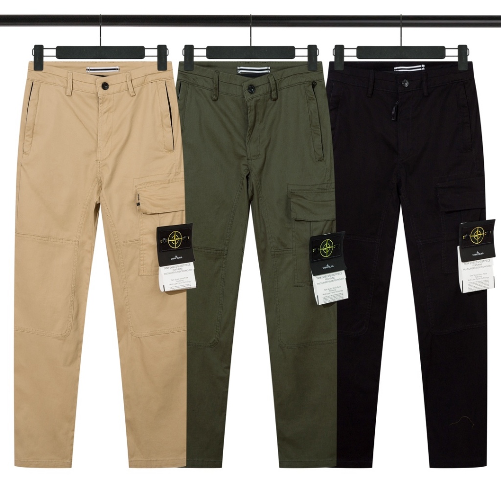 STONE ISLAND Cargo Pants Zipper Pocket Stretch Slim-fit Overalls กางเกงขายาวหลายกระเป๋า