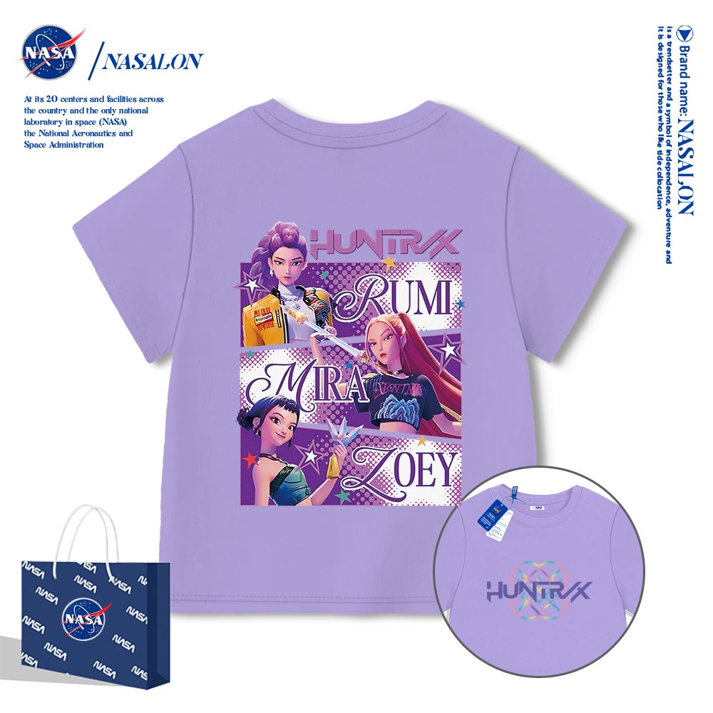 NASA เสื้อยืดเด็ก ผ้าฝ้ายระบายอากาศดี Huntrxลายการ์ตูน เสื้อเด็กผู้หญิง ทรงหลวม ทรงสวมใส่สบาย