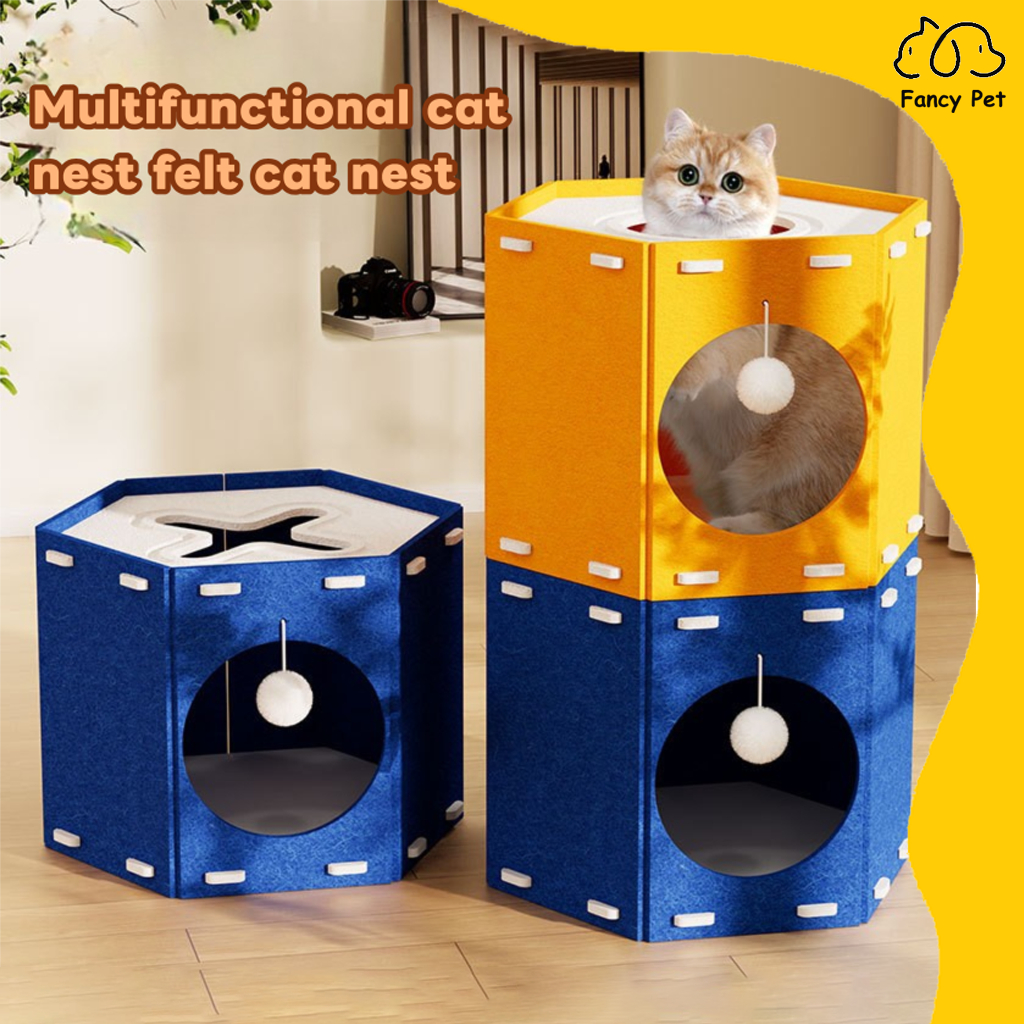 FANCY ครอกแมวมัลติฟังก์ชั่น Felt Cat House Cat Scratching Board Four Seasons Universal Upper สองชั้น