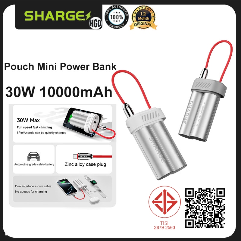Sharge 30W 10000mAh Powerbank กระเป๋า Mini Power Bank ในตัวสายชาร์จแบบพกพา