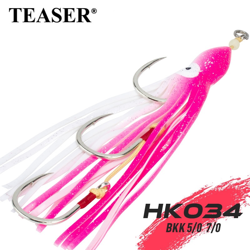 TEASER【HK034 】5/0 7/0 ตะขอตกปลาช ้ าพร ้ อมสายเคฟล ่ าปลาหมึก Triple Assist Hook Lure UV Luminous Octopus กระโปรง BKK Jigging Hooks