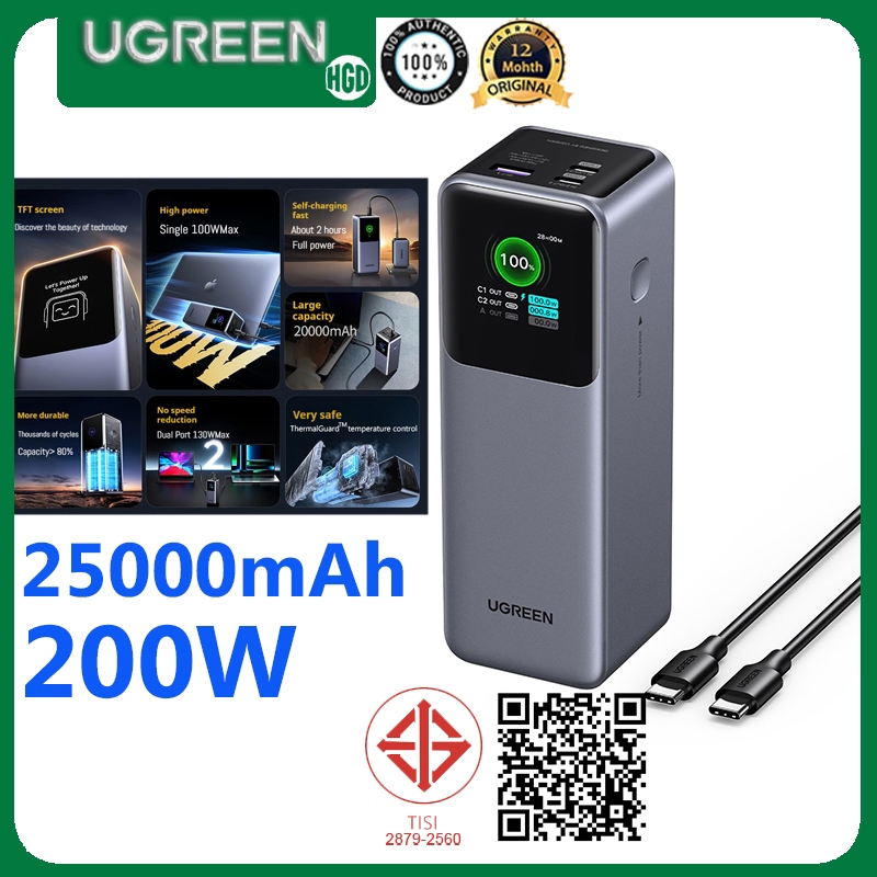 Ugreen พาวเวอร์แบงค์แล็ปท็อป 200W 25000mAh พร้อมจอแสดงผลดิจิตอลอัจฉริยะชาร์จเร็ว Powerbank เครื่องชา