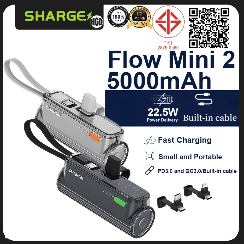 Shargeek/Sharge Flow Mini 2 Power Bank 22.5W Max สายเคเบิลในตัวแบบพกพา Mini Powerbank