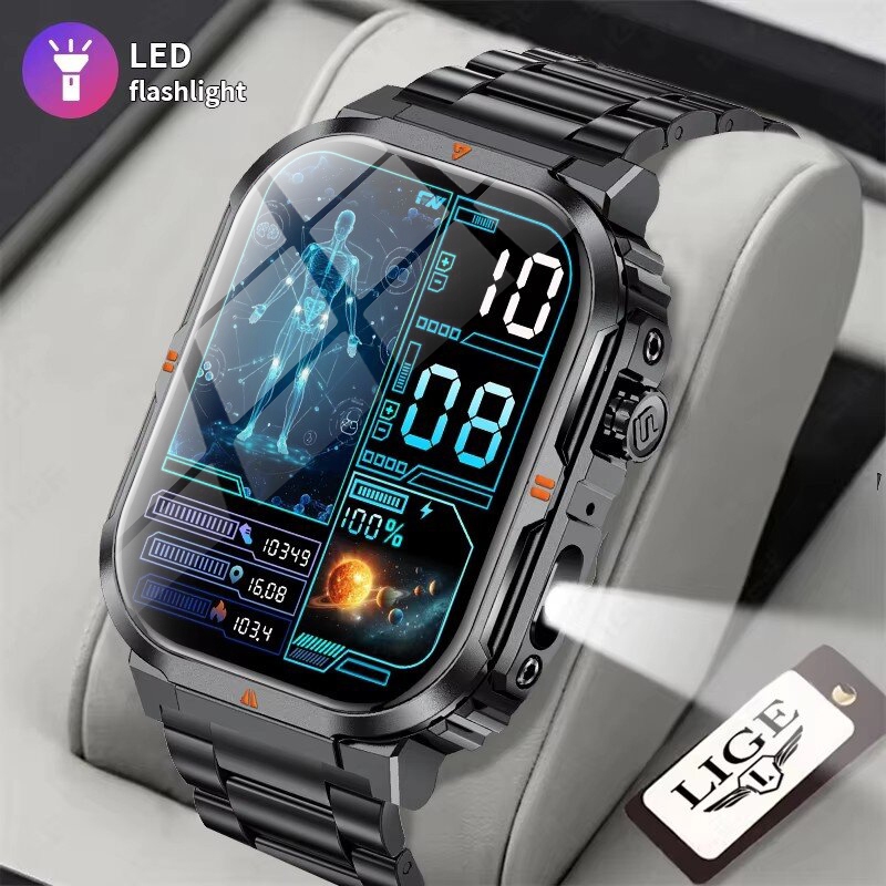 LIGE สมาร์ทวอทช์มัลติฟังก์ชั่น ไฟฉาย LED นาฬิกาสปอร์ต เครื่องวัดสุขภาพ โทรผ่านบลูทูธ IP68 สมาร์ทวอทช์กันน้ํา